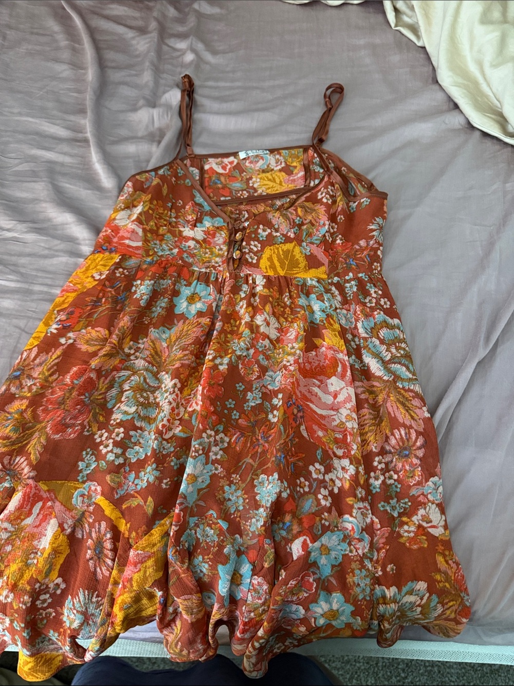 Free People Rust Floral Spaghetti-Strap Tunic Dress